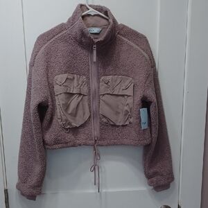 NWT Lavender Purple Cropped Fleece & Faux Fur Sherpa Big Pockets Zip-Up Jacket
